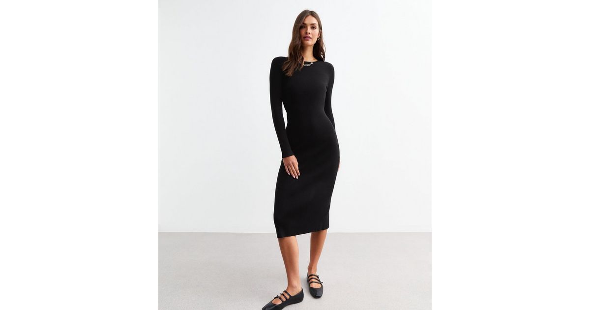 Black Crew Neck Rib Knit Midi Dress | New Look
