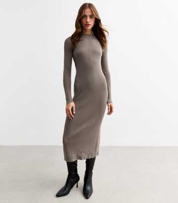 Mink Crew Neck Rib Knit Midi Dress