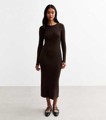 Brown Crew Neck Rib Knit Midi Dress