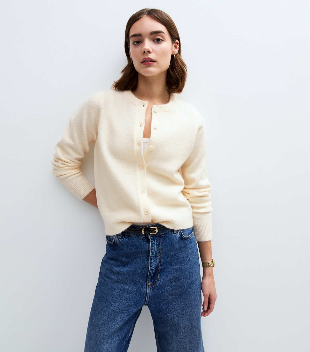 Women's Cream Crew Neck Knit Cardigan New Look