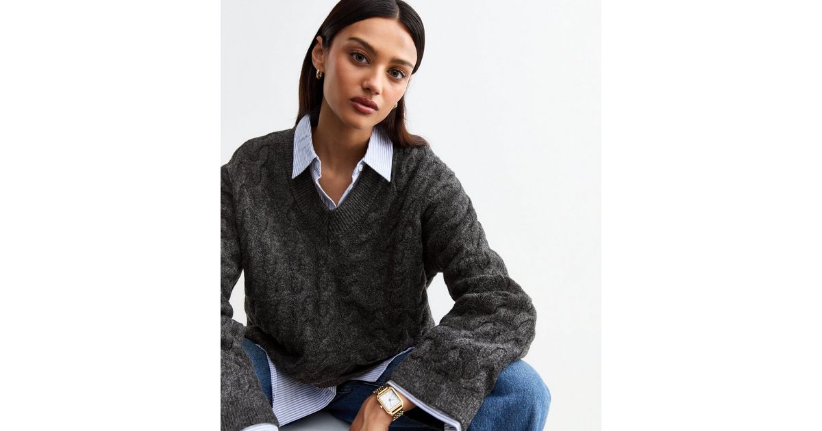 Dark Grey V Neck Cable Knit Jumper | New Look