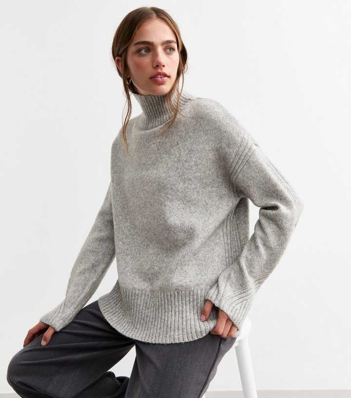 Grey Knitted Oversized Stand Neck Jumper