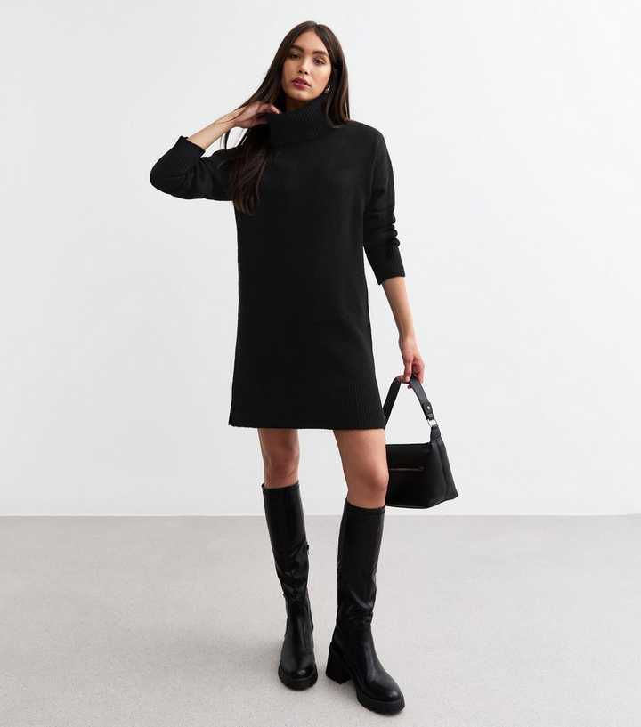 Black Knit Roll Neck Mini Jumper Dress | New Look