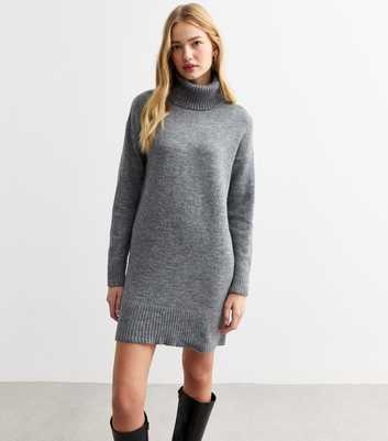 Grey Knit Roll Neck Mini Jumper Dress