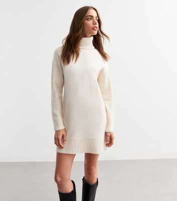 Cream Knit Roll Neck Mini Jumper Dress