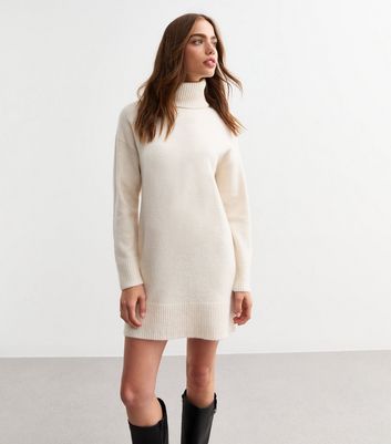 Cream Knit Roll Neck Mini Jumper Dress New Look