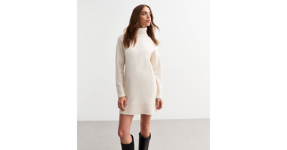 Cream Knit Roll Neck Mini Jumper Dress New Look