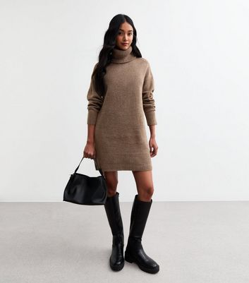 Brown Knit Roll Neck Mini Jumper Dress New Look