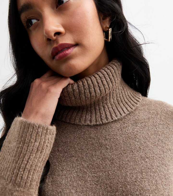 Brown Knit Roll Neck Mini Jumper Dress