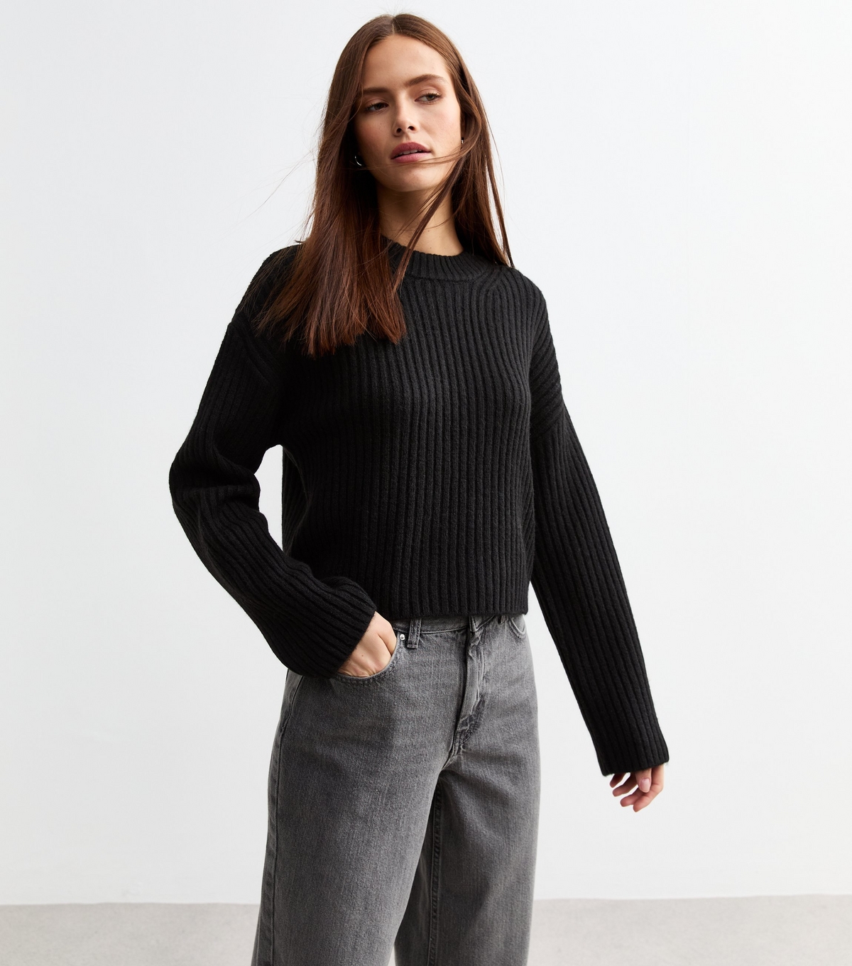Women's Black Ribbed Knit Crew Neck Jumper New Look