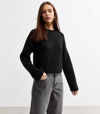 Black Ribbed Knit Crew Neck Jumper