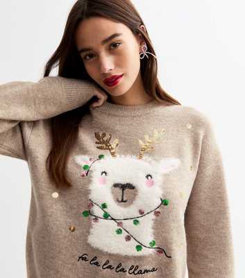 Beige Christmas Llama Soft Knit Long Sleeve Jumper