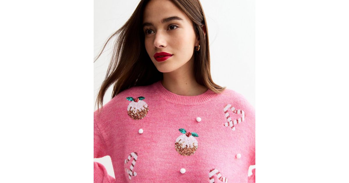 Pink Christmas Knitted Candy Cane Jumper New Look