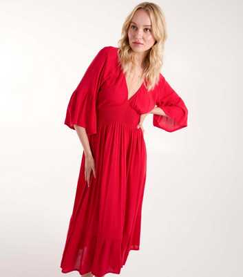  Blue Vanilla Red Shirred Midi Dress