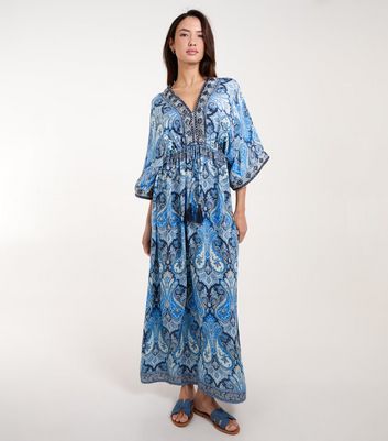Blue Vanilla Blue Paisley Print Embroidered Kimono Maxi Dress New Look