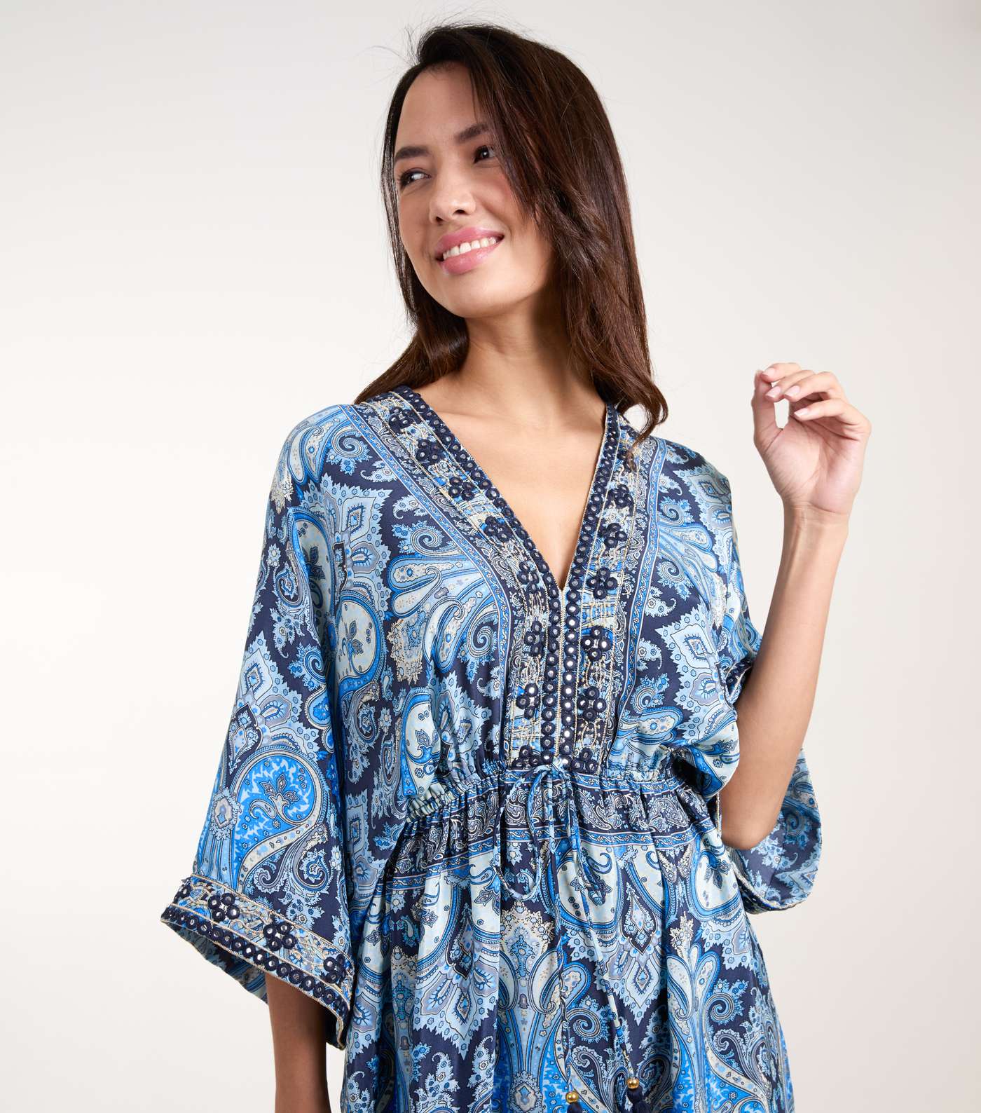 Blue Vanilla Blue Paisley Print Embroidered Kimono Maxi Dress Image 3