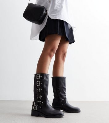 Black leather biker boots online