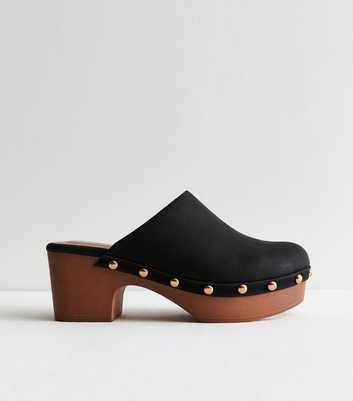 Black Leather-Look Block-Heel Clogs