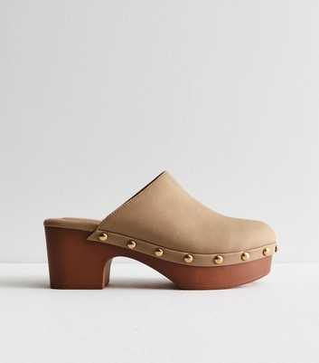 Brown Leather-Look Block-Heel Clogs
