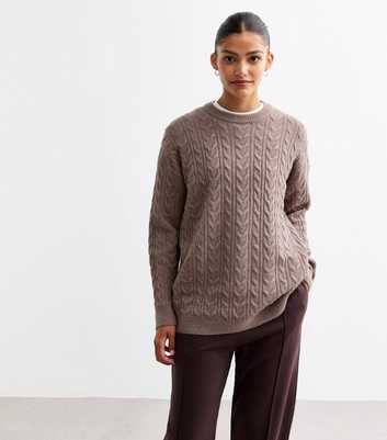 Light Brown Crew Neck Cable Knit Jumper