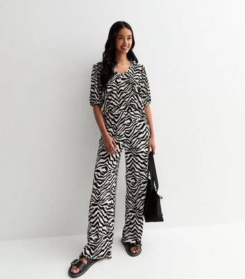 Black And White Zebra Print Wide Leg Trousers - Tiya
