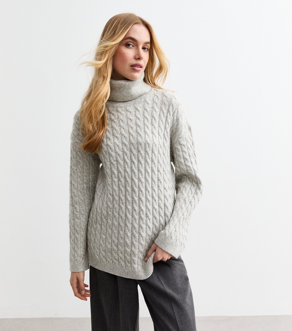 Women's Grey Cable Knit Roll Neck Jumper New Look