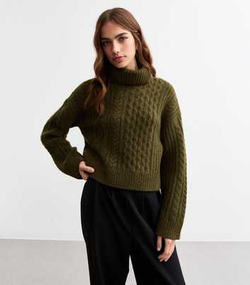 Khaki Cable Knit Roll Neck Jumper