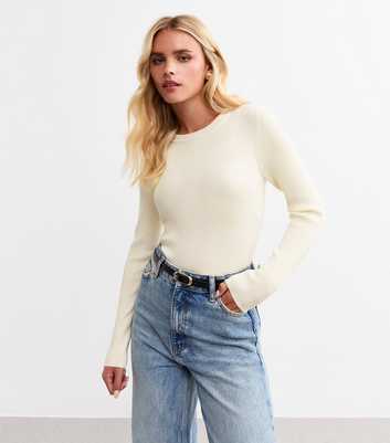 Petite White Rib Knit Crew Neck Jumper