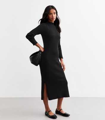 Petite Black Rib Knit High Neck Midi Dress