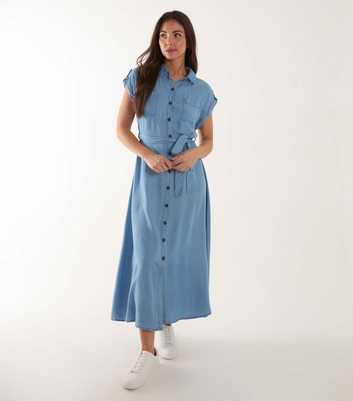 Blue Vanilla Pale Blue Belted Midi Shirt Dress