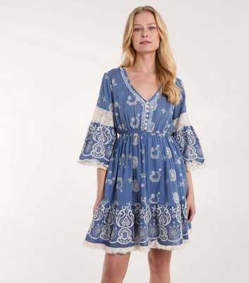 Blue Vanilla Blue Embroidered V Neck Mini Dress