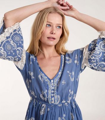 Blue Vanilla Blue Embroidered V Neck Mini Dress New Look