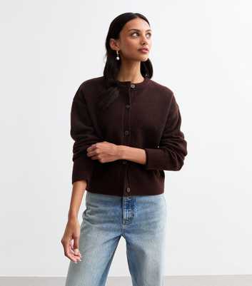 Brown Soft Knit Crew Neck Cardigan