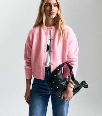 Pink Soft Knit Crew Neck Cardigan