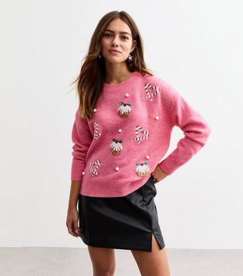 Petite Pink Candy Cane Christmas Jumper New Look