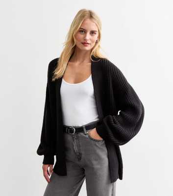 Tall Black Balloon Sleeve Chunky Knit Cardigan