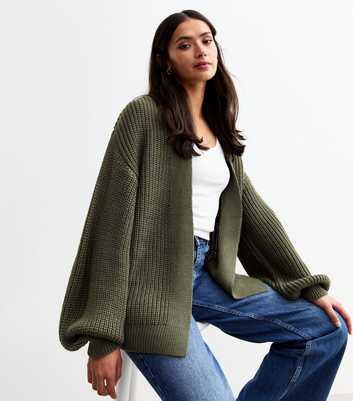 Tall Khaki Balloon Sleeve Chunky Knit Cardigan