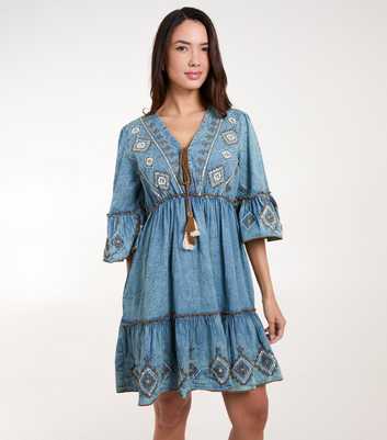 Blue Vanilla Pale Blue Embroidered Denim Mini Dress