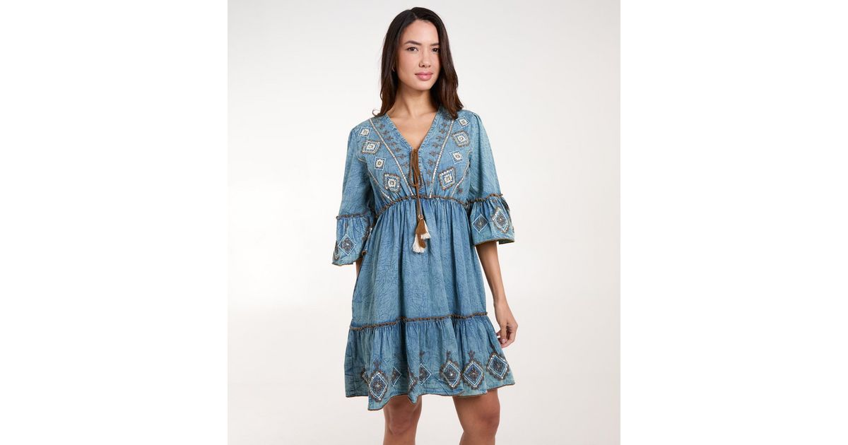 Blue Vanilla Pale Blue Embroidered Denim Mini Dress | New Look