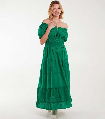 Blue Vanilla Green Cotton Broderie Tiered Maxi Dress New Look