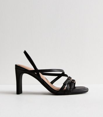 Black Buckle Strappy Slim Block Heel Sandals New Look