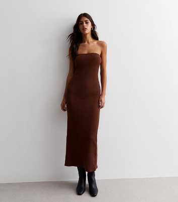 Dark Brown Ribbed Jersey Bandeau Midaxi Dress