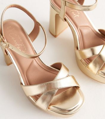 Wide Fit Gold Platform Heeled Sandals New Look