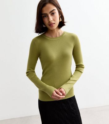 Green Rib Knit Crew Neck Jumper New Look