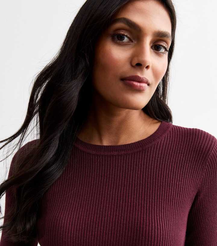 Burgundy Rib Knit Crew Neck Jumper 