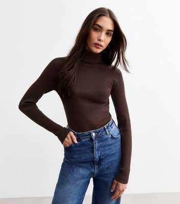 Dark Brown Ribbed Knit Long Sleeve Jumper