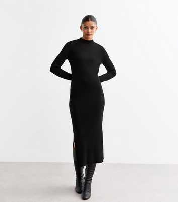 Black Rib Knit High Neck Midi Dress