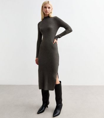Dark Grey Rib Knit High Neck Midi Dress | New Look