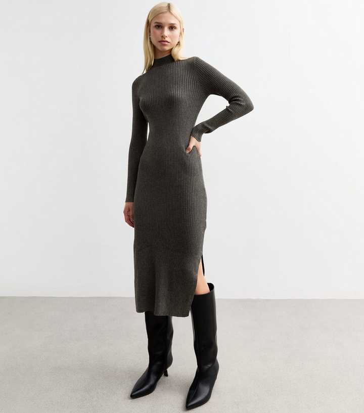 dark grey ribbed dress Alice + Olivia // Dark Wool Knit Ribbed Sweater Dress – VSP Consignment