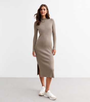 Mink Rib Knit High Neck Midi Dress